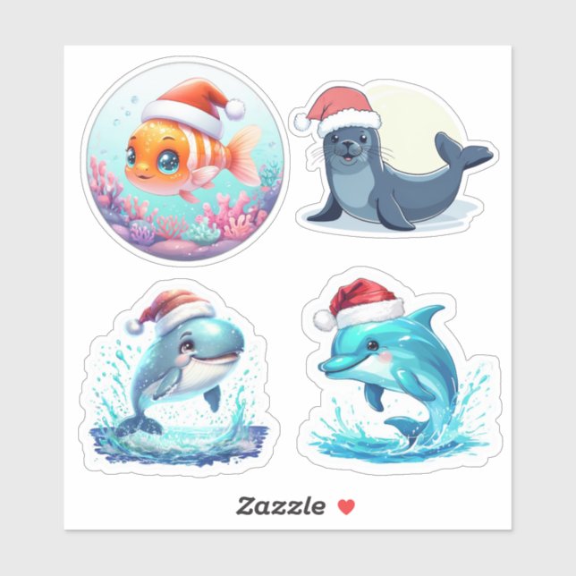 Cute Santa Ocean Animals Custom-Cut Vinyl Stickers (Sheet)
