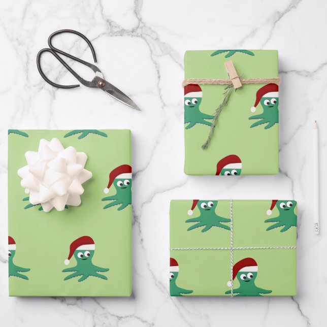 Cute Santa Octopus Wrapping Paper Sheet (Front)