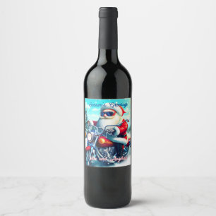 Cute Santa on a Motorcycle Wine Label