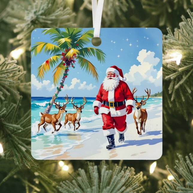 Cute Santa on Beach with Reindeer Personalized Metal Tree Decoration (Insitu)
