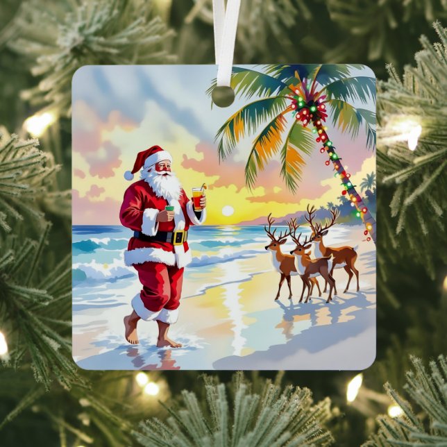 Cute Santa on Beach with Reindeer Personalized Metal Tree Decoration (Insitu)
