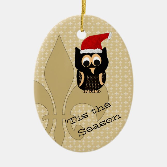 Cute Santa Owl Fleur de Lis Christmas Ceramic Tree Decoration (Front)