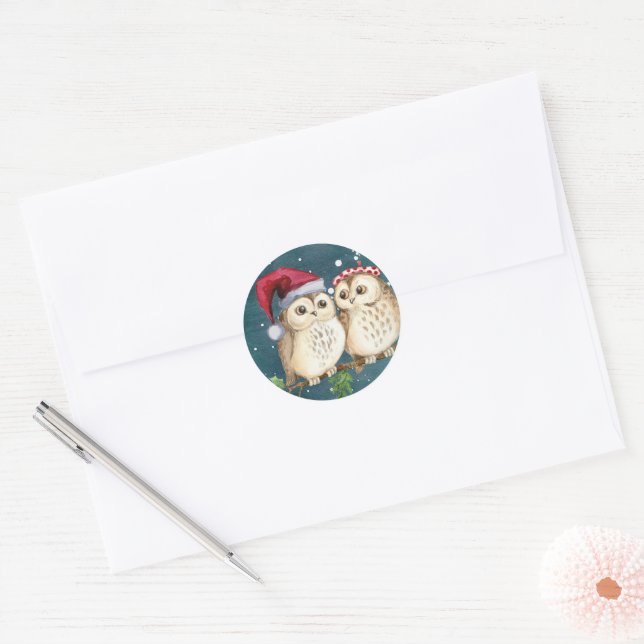 Cute Santa Owls Christmas  Envelope Classic Round Sticker (Envelope)