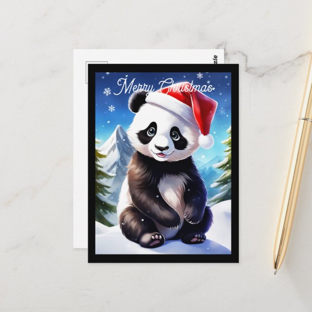 Cute Santa Panda Christmas Holiday Postcard (Front/Back In Situ)