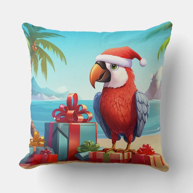 Cute Santa Parrot Tropical Beach Christmas Cushion (Front)