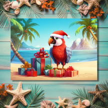 Cute Santa Parrot Tropical Beach Christmas