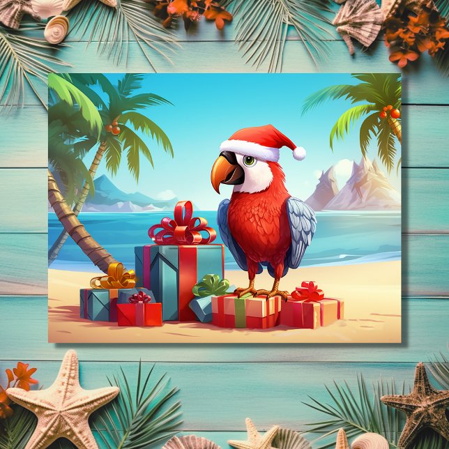 Cute Santa Parrot Tropical Beach Christmas Holiday Postcard (Front - Cute Santa Parrot Tropical Beach Christmas Holiday Postcard)