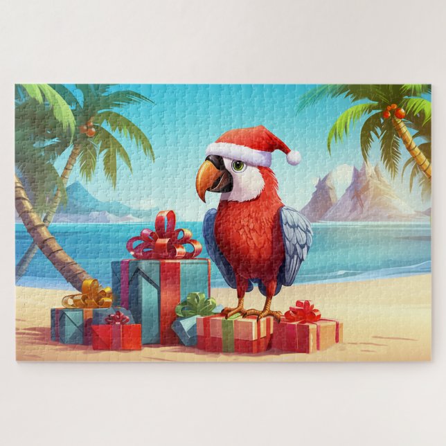 Cute Santa Parrot Tropical Beach Christmas Jigsaw Puzzle (Horizontal)