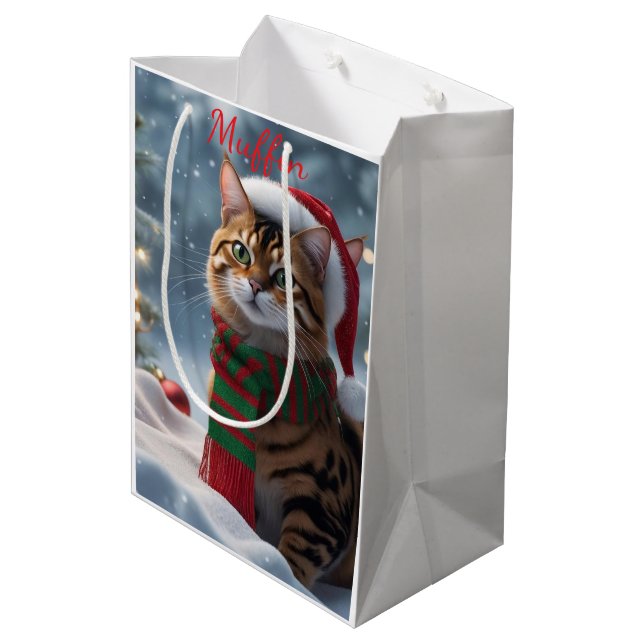 Cute Santa Paws Bengal Cat Christmas Personalised  Medium Gift Bag (Back Angled)