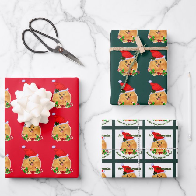 Cute Santa Pomeranian Christmas Wrapping Paper Sheet (Front)