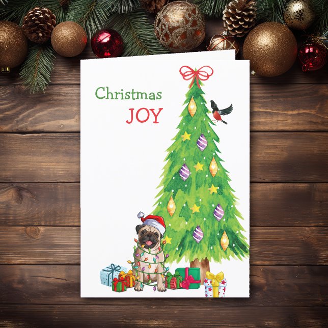 Cute Santa Pug and Holiday Tree Christmas Card (Creator Uploaded)