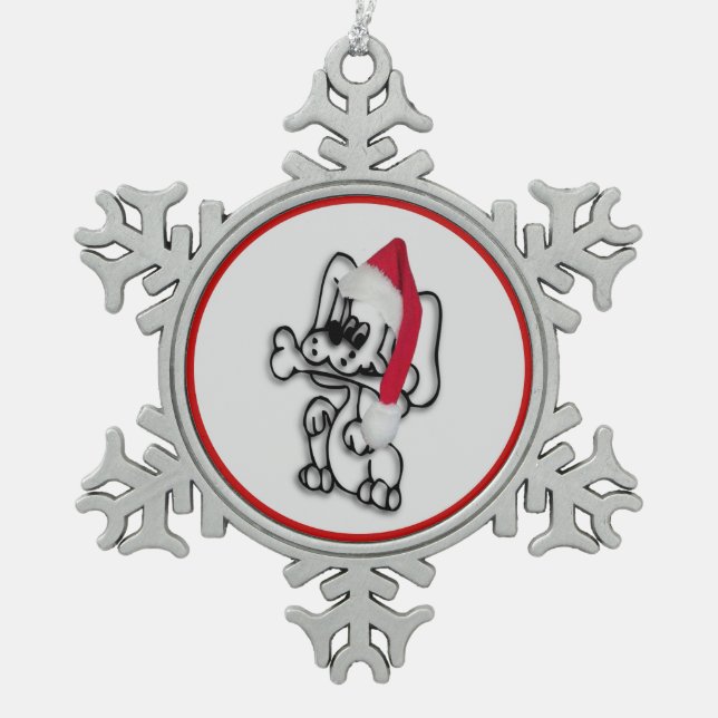 Cute Santa Puppy Dog Snowflake Pewter Christmas Ornament (Front)