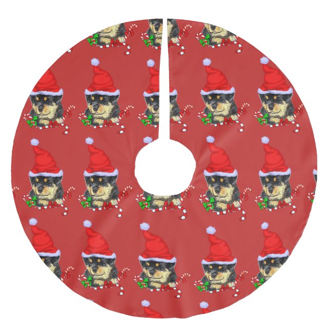 Cute Santa Puppy Rottweiler Christmas Brushed Polyester Tree Skirt (Front)