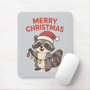 Cute Santa Raccoon Funny Christmas Lights Raccoon Mouse Pad