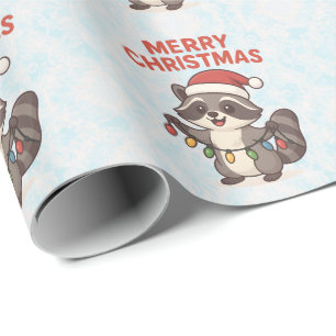 Cute Santa Raccoon Funny Christmas Lights Raccoon Wrapping Paper