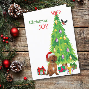 Cute Santa Red Dachshund Dog and Christmas Tree Holiday Card