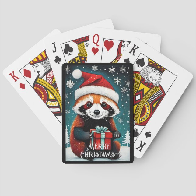 Cute Santa Red Panda Snowy Winter Christmas Playing Cards (Back)
