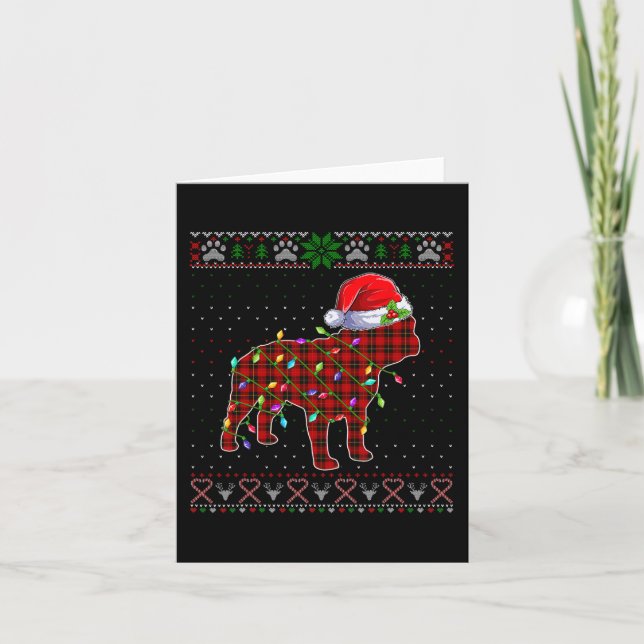 Cute Santa Red Plaid French Bulldog Light Ugly Xma Card (Front)