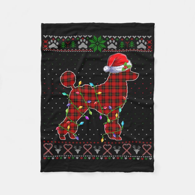Cute Santa Red Plaid Poodle Light Ugly Christmas  Fleece Blanket (Front)
