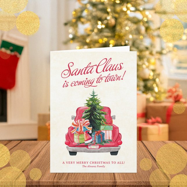 Cute Santa Red Truck & Tree Holiday Note Card (Cute Santa Red Truck & Tree Holiday Note Card)
