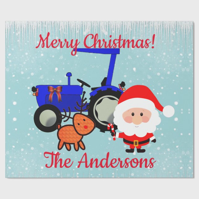Cute Santa, Reindeer and Farm Tractor Wrapping Paper (Flat)