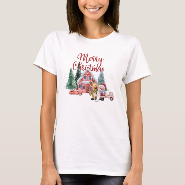 Cute Santa & Reindeer at Christmas Farmhouse Holid T-Shirt (Front)