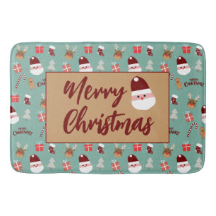 Cute Santa Reindeer Candy Cane Gingerbread Pattern Bath Mat