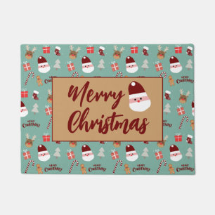 Cute Santa Reindeer Candy Cane Gingerbread Pattern Doormat