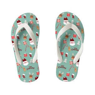 Cute Santa Reindeer Candy Cane Gingerbread Pattern Kid's Jandals