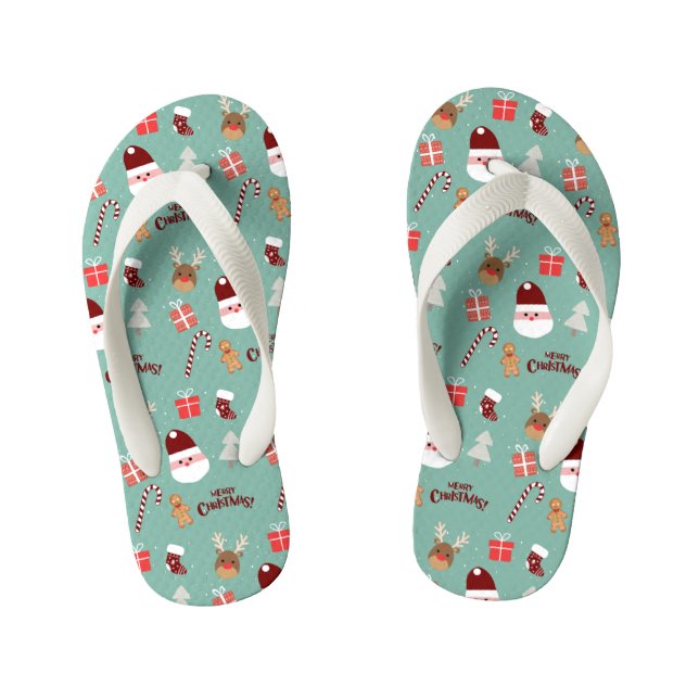 Cute Santa Reindeer Candy Cane Gingerbread Pattern Kid's Jandals (Footbed)