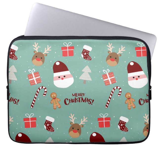 Cute Santa Reindeer Candy Cane Gingerbread Pattern Laptop Sleeve (Front)