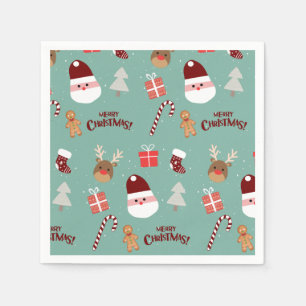 Cute Santa Reindeer Candy Cane Gingerbread Pattern Napkin