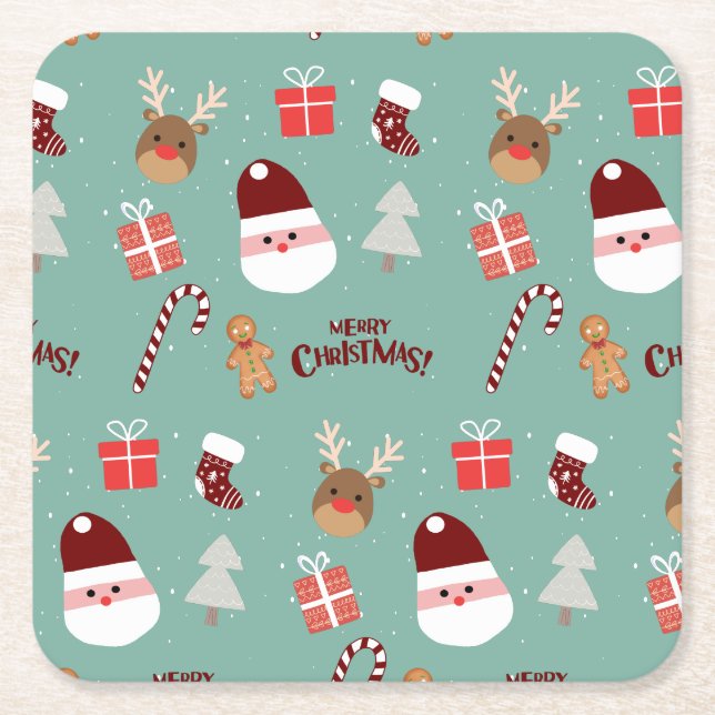 Cute Santa Reindeer Candy Cane Gingerbread Pattern Square Paper Coaster (Front)