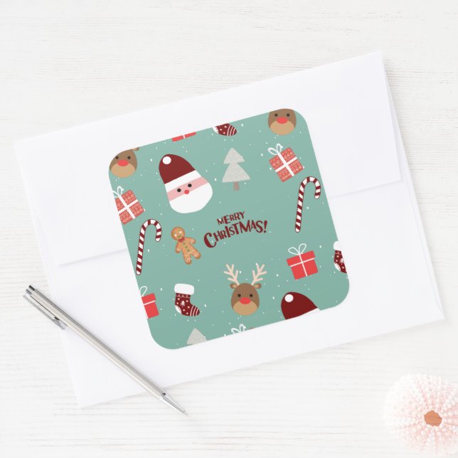 Cute Santa Reindeer Candy Cane Gingerbread Pattern Square Sticker (Envelope)