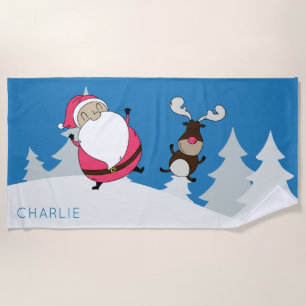 Cute Santa & Reindeer custom name beach towel