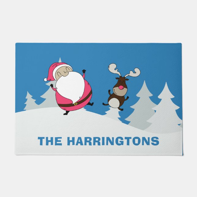 Cute Santa & Reindeer custom name door mats (Front)