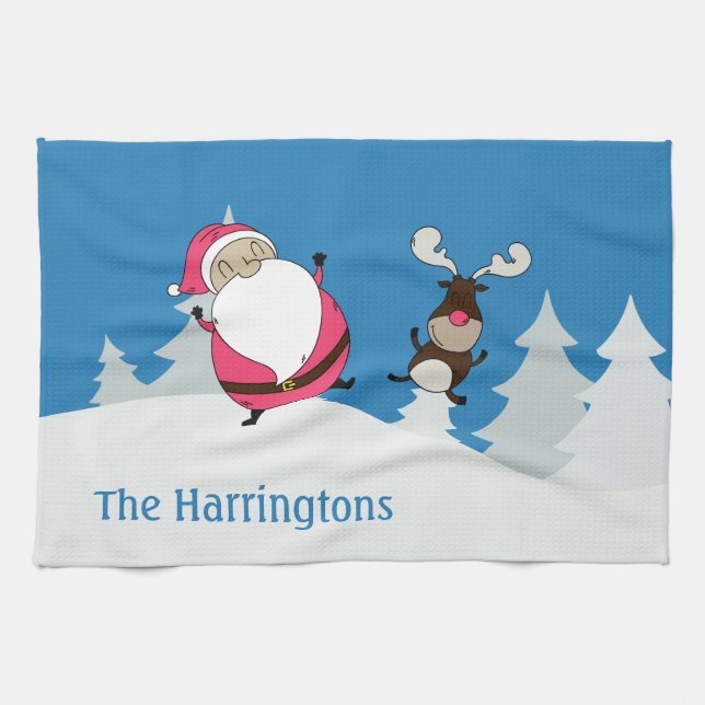 Cute Santa & Reindeer custom name kitchen towel (Horizontal)