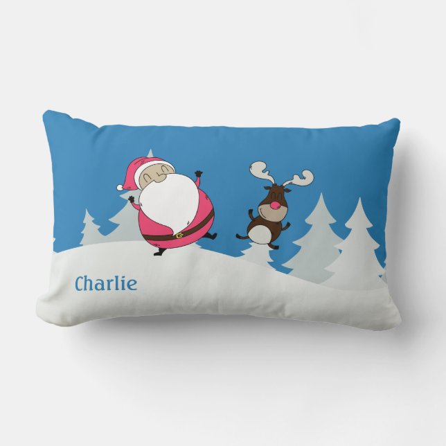 Cute Santa & Reindeer custom name throw pillows (Front)