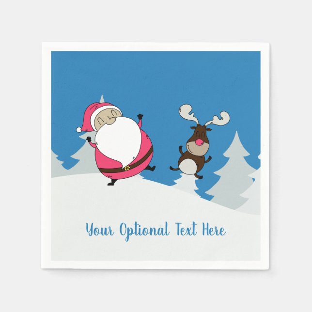 Cute Santa & Reindeer custom text paper napkins (Front)