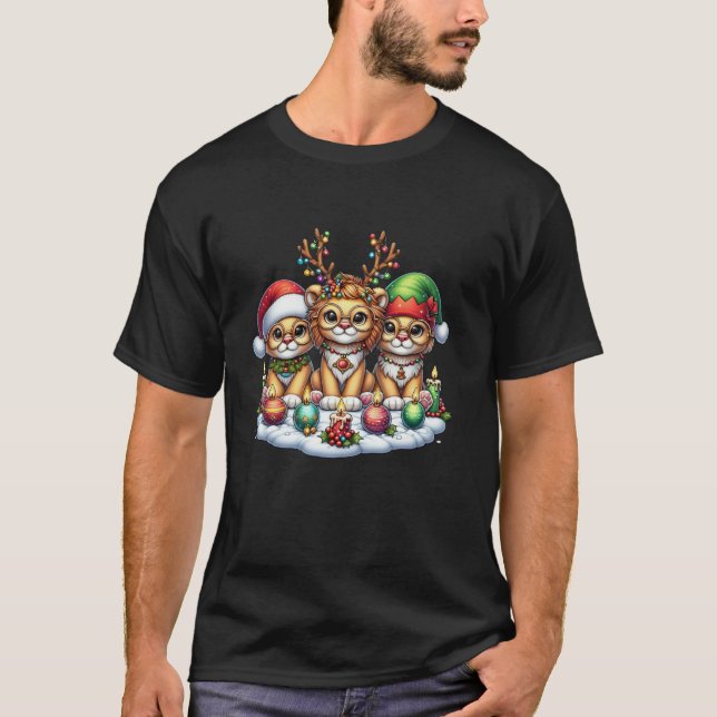 Cute Santa Reindeer Elf Lion Christmas Womens Mens T-Shirt (Front)