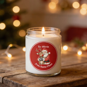 Cute Santa & Reindeer Hug Custom Red Christmas Classic Round Sticker