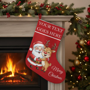 Cute Santa & Reindeer Hugging Personalised  Large Christmas Stocking