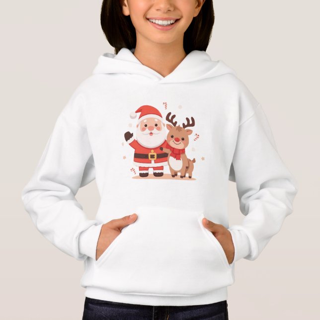 Cute Santa & Reindeer Kids Christmas Hoodie (Front)