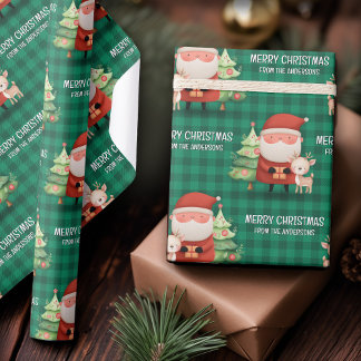 Cute Santa Reindeer Merry Christmas Name Green Wrapping Paper