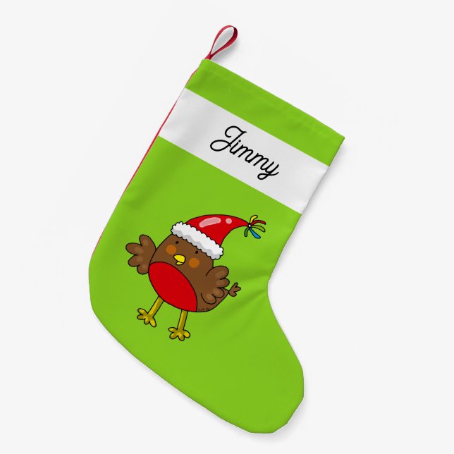 Cute Santa Robin Bird and Custom Name Small Christmas Stocking (Front (Hanging))