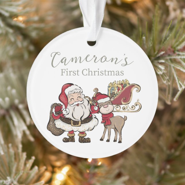 Cute Santa & Rudolph First Christmas Custom Photo Ornament (Tree)