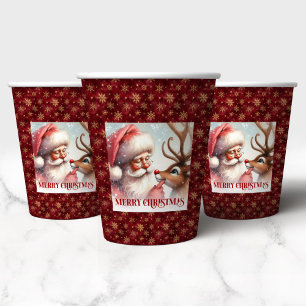Cute Santa Rudolph Watercolor Holiday Paper Cups
