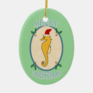 Cute Santa Seahorse Christmas Blue Green Ceramic Tree Decoration