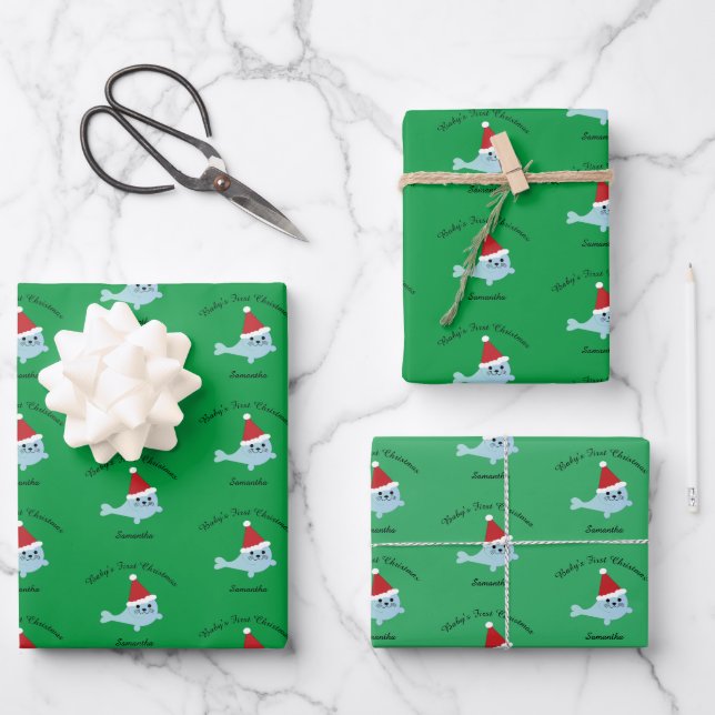 Cute Santa Seal Baby's First Christmas Wrapping Paper Sheet (Front)