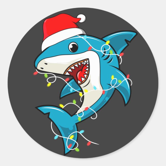 Cute Santa Shark Christmas Lights Classic Round Sticker (Front)